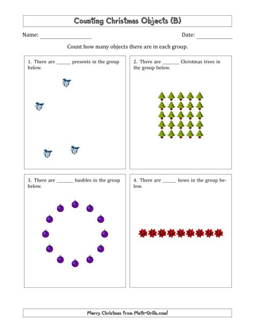 The Counting Christmas Objects in Various Arrangements (Easier Version) (B) Math Worksheet