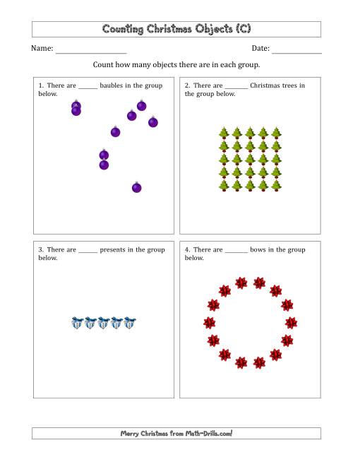 The Counting Christmas Objects in Various Arrangements (Easier Version) (C) Math Worksheet