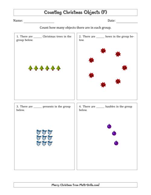 The Counting Christmas Objects in Various Arrangements (Easier Version) (F) Math Worksheet