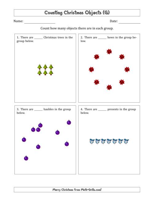 The Counting Christmas Objects in Various Arrangements (Easier Version) (G) Math Worksheet