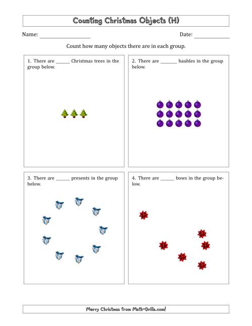 The Counting Christmas Objects in Various Arrangements (Easier Version) (H) Math Worksheet