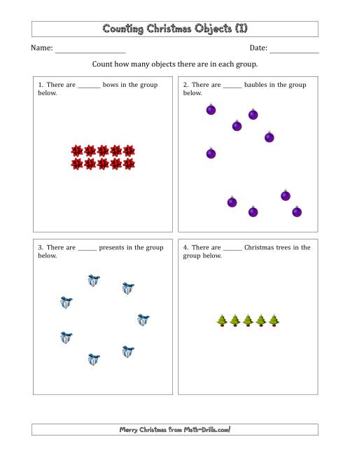 The Counting Christmas Objects in Various Arrangements (Easier Version) (I) Math Worksheet