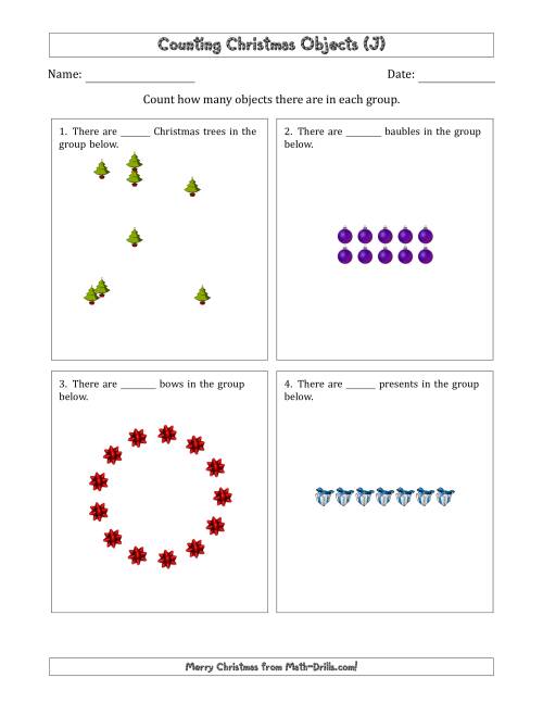 The Counting Christmas Objects in Various Arrangements (Easier Version) (J) Math Worksheet