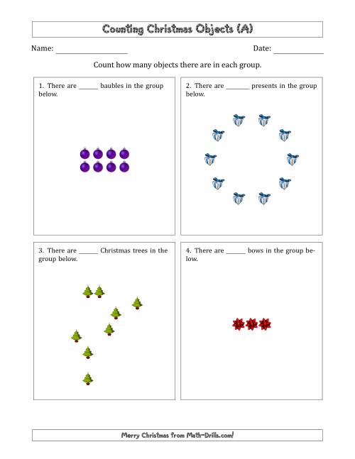 The Counting Christmas Objects in Various Arrangements (Easier Version) (All) Math Worksheet