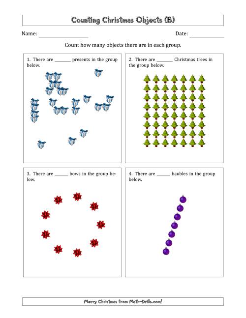 The Counting Christmas Objects in Various Arrangements (Harder Version) (B) Math Worksheet