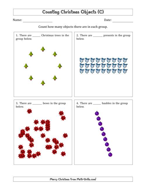 The Counting Christmas Objects in Various Arrangements (Harder Version) (C) Math Worksheet