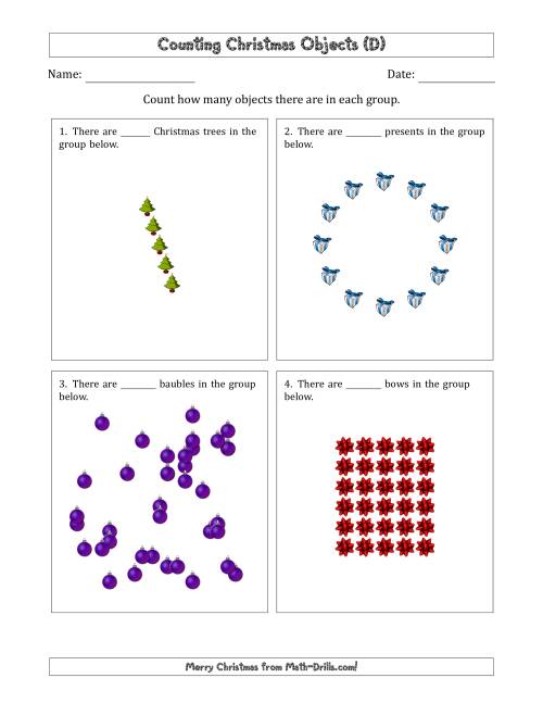 The Counting Christmas Objects in Various Arrangements (Harder Version) (D) Math Worksheet