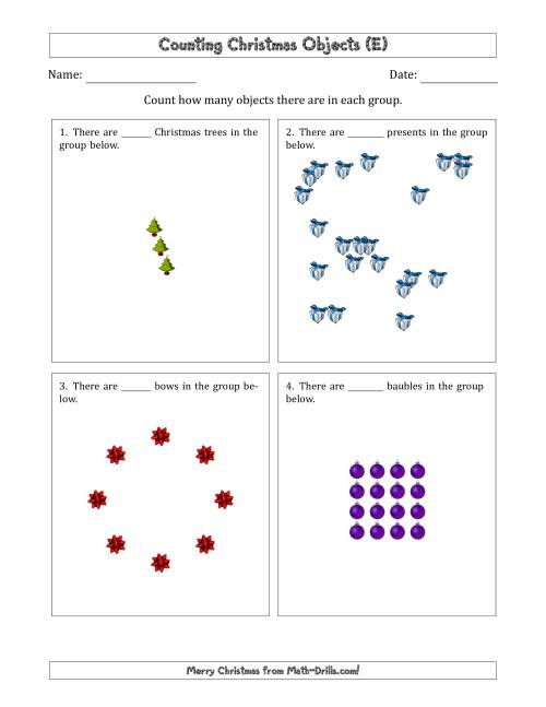 The Counting Christmas Objects in Various Arrangements (Harder Version) (E) Math Worksheet