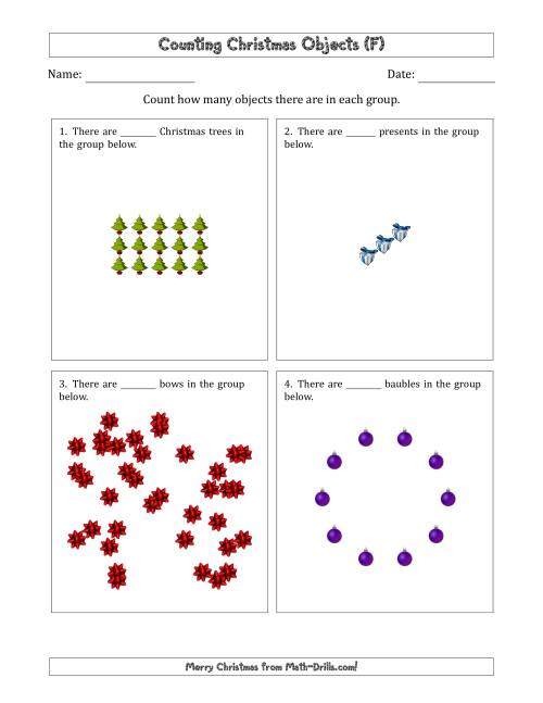 The Counting Christmas Objects in Various Arrangements (Harder Version) (F) Math Worksheet