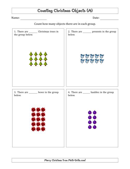 The Counting Christmas Objects in Rectangular Arrangements (Maximum Dimension 5) (A) Math Worksheet