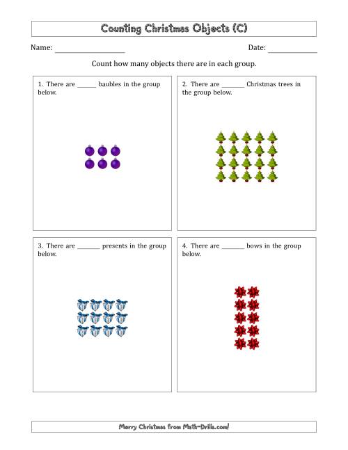 The Counting Christmas Objects in Rectangular Arrangements (Maximum Dimension 5) (C) Math Worksheet
