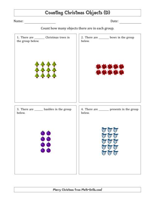 The Counting Christmas Objects in Rectangular Arrangements (Maximum Dimension 5) (D) Math Worksheet