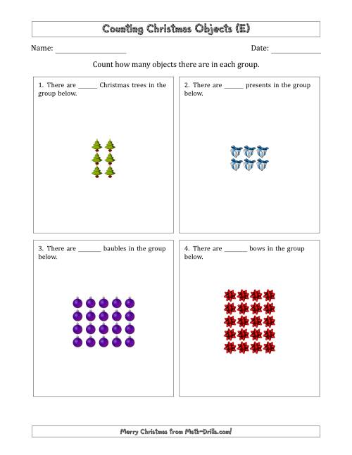 The Counting Christmas Objects in Rectangular Arrangements (Maximum Dimension 5) (E) Math Worksheet