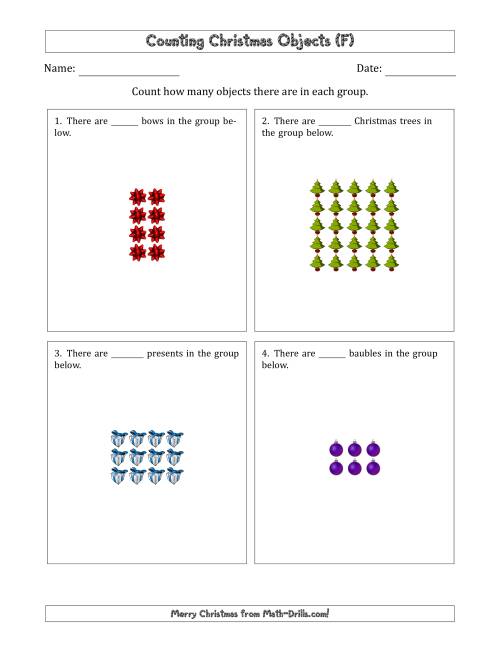 The Counting Christmas Objects in Rectangular Arrangements (Maximum Dimension 5) (F) Math Worksheet