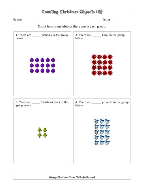 The Counting Christmas Objects in Rectangular Arrangements (Maximum Dimension 5) (G) Math Worksheet