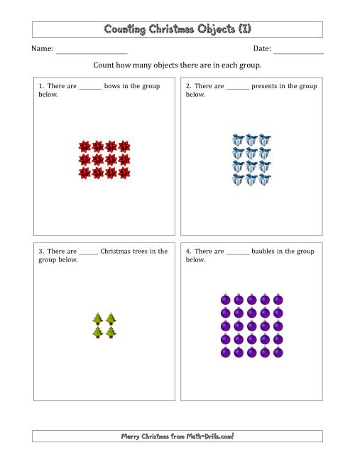 The Counting Christmas Objects in Rectangular Arrangements (Maximum Dimension 5) (I) Math Worksheet