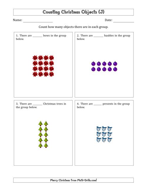 The Counting Christmas Objects in Rectangular Arrangements (Maximum Dimension 5) (J) Math Worksheet