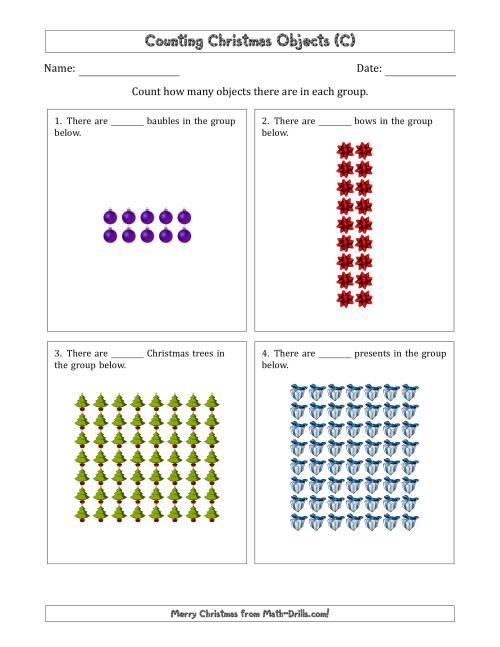 The Counting Christmas Objects in Rectangular Arrangements (Maximum Dimension 9) (C) Math Worksheet