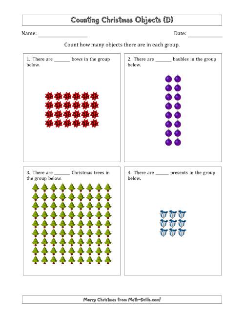 The Counting Christmas Objects in Rectangular Arrangements (Maximum Dimension 9) (D) Math Worksheet