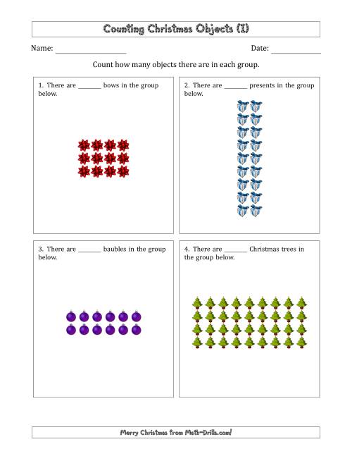 The Counting Christmas Objects in Rectangular Arrangements (Maximum Dimension 9) (I) Math Worksheet