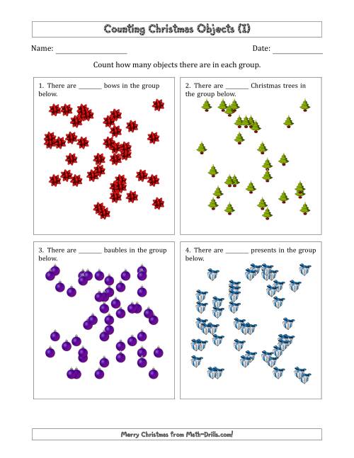 The Counting up to 50 Christmas Objects in Scattered Arrangements (I) Math Worksheet