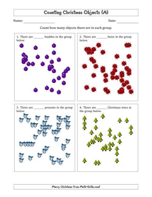 The Counting up to 50 Christmas Objects in Scattered Arrangements (All) Math Worksheet