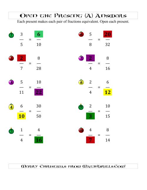 The Open the Present Equivalent Fractions (A) Math Worksheet Page 2