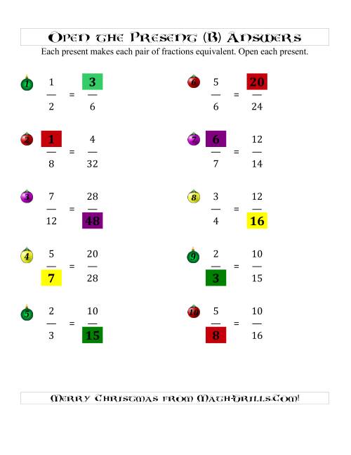 The Open the Present Equivalent Fractions (B) Math Worksheet Page 2