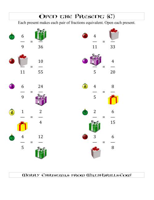 The Open the Present Equivalent Fractions (C) Math Worksheet