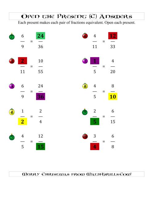 The Open the Present Equivalent Fractions (C) Math Worksheet Page 2
