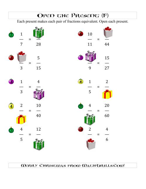 The Open the Present Equivalent Fractions (F) Math Worksheet