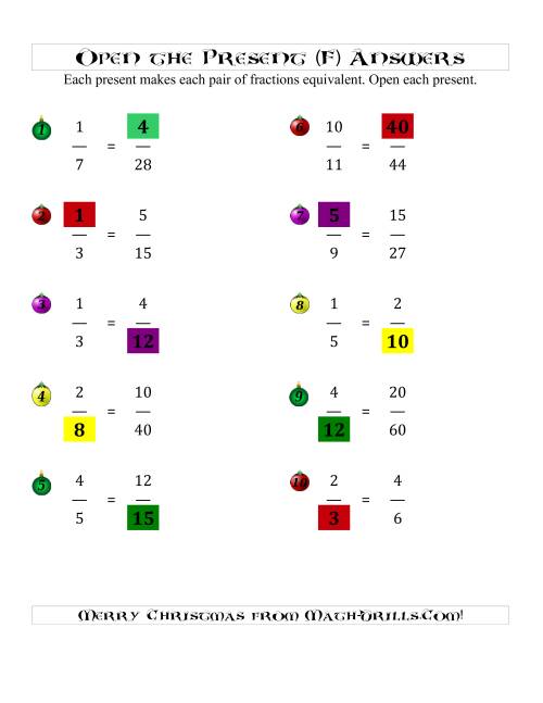 The Open the Present Equivalent Fractions (F) Math Worksheet Page 2