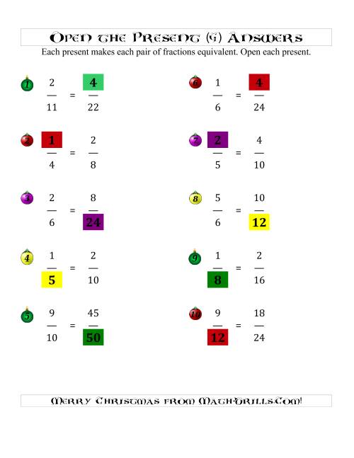 The Open the Present Equivalent Fractions (G) Math Worksheet Page 2
