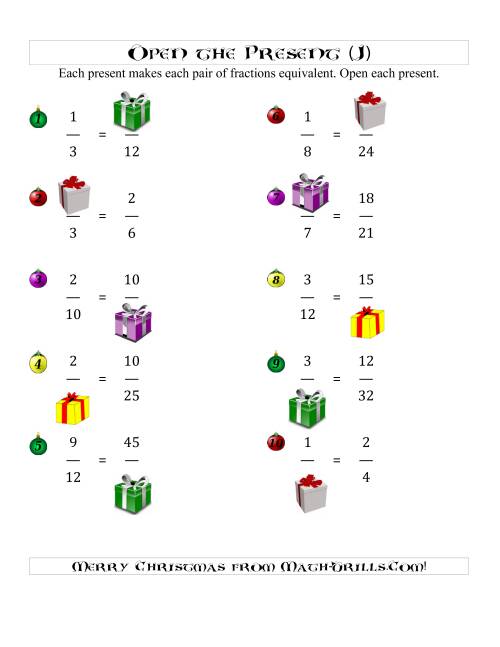 The Open the Present Equivalent Fractions (J) Math Worksheet