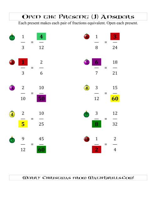 The Open the Present Equivalent Fractions (J) Math Worksheet Page 2