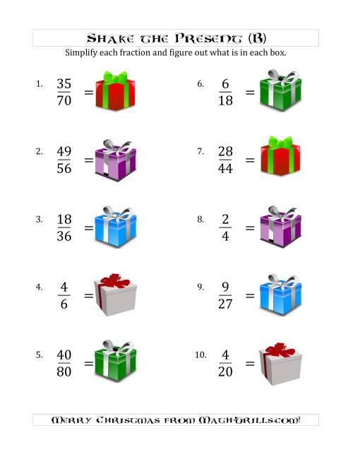 The Shake the Present Simplified Fractions (B) Math Worksheet