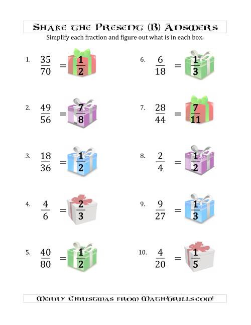 The Shake the Present Simplified Fractions (B) Math Worksheet Page 2