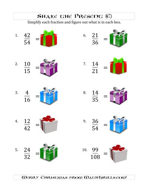 The Shake the Present Simplified Fractions (E) Math Worksheet