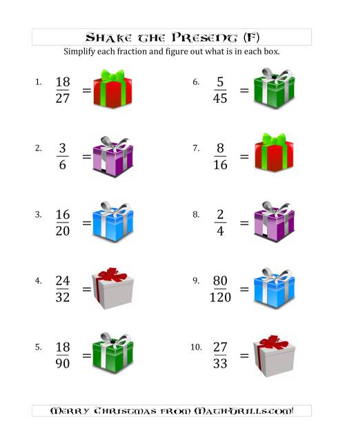 The Shake the Present Simplified Fractions (F) Math Worksheet
