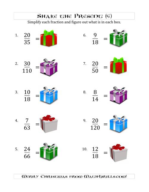 The Shake the Present Simplified Fractions (G) Math Worksheet