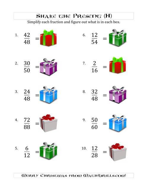 The Shake the Present Simplified Fractions (H) Math Worksheet