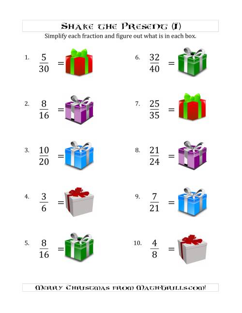 The Shake the Present Simplified Fractions (I) Math Worksheet