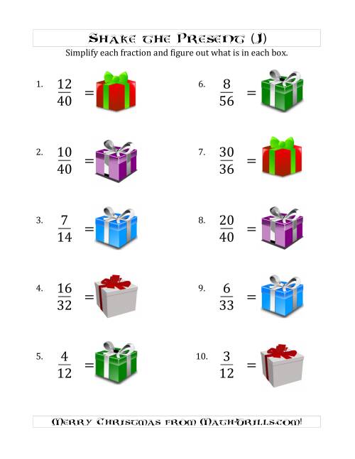 The Shake the Present Simplified Fractions (J) Math Worksheet