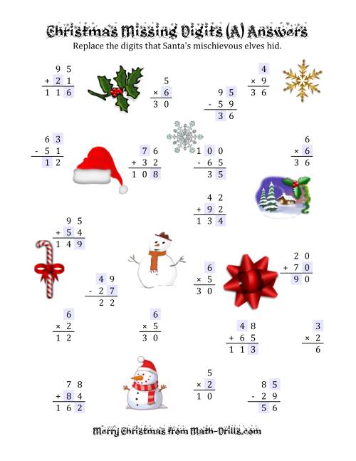 The Christmas Missing Digits (A) Math Worksheet Page 2