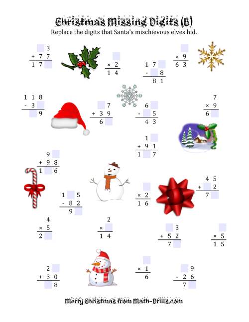 The Christmas Missing Digits (B) Math Worksheet
