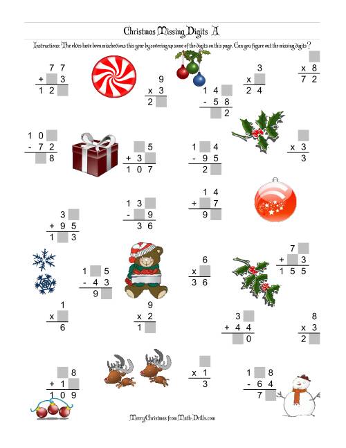 The Christmas Missing Digits (Old) Math Worksheet