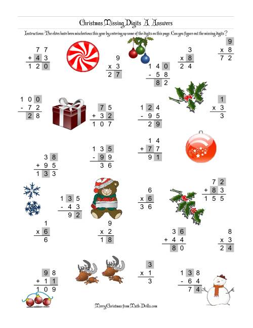 The Christmas Missing Digits (Old) Math Worksheet Page 2