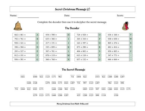 The Christmas Bells Secret Message Three-Digit Addition Math Worksheet