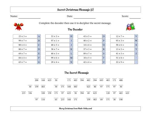 The Christmas Spirit Secret Message Two-Digit by One-Digit Multiplication Math Worksheet
