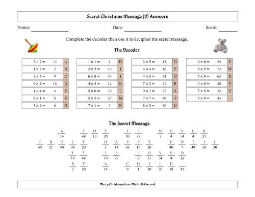 The Christmas Toys Secret Message Single-Digit Multiplication Math Worksheet Page 2